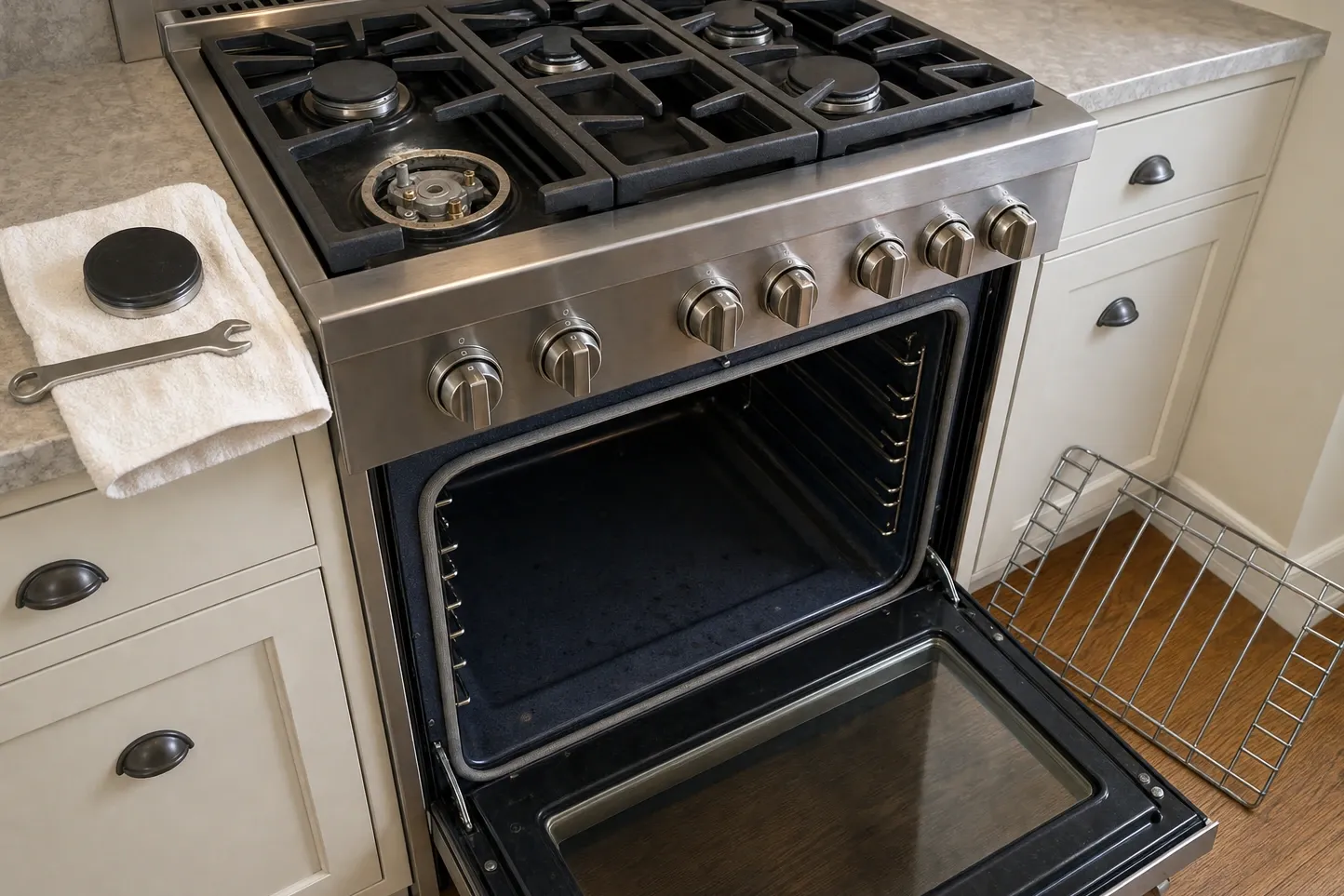 Front burner of a pro-style range with the grate and cap lifted away, exposing the sealed burner base and its brass ports