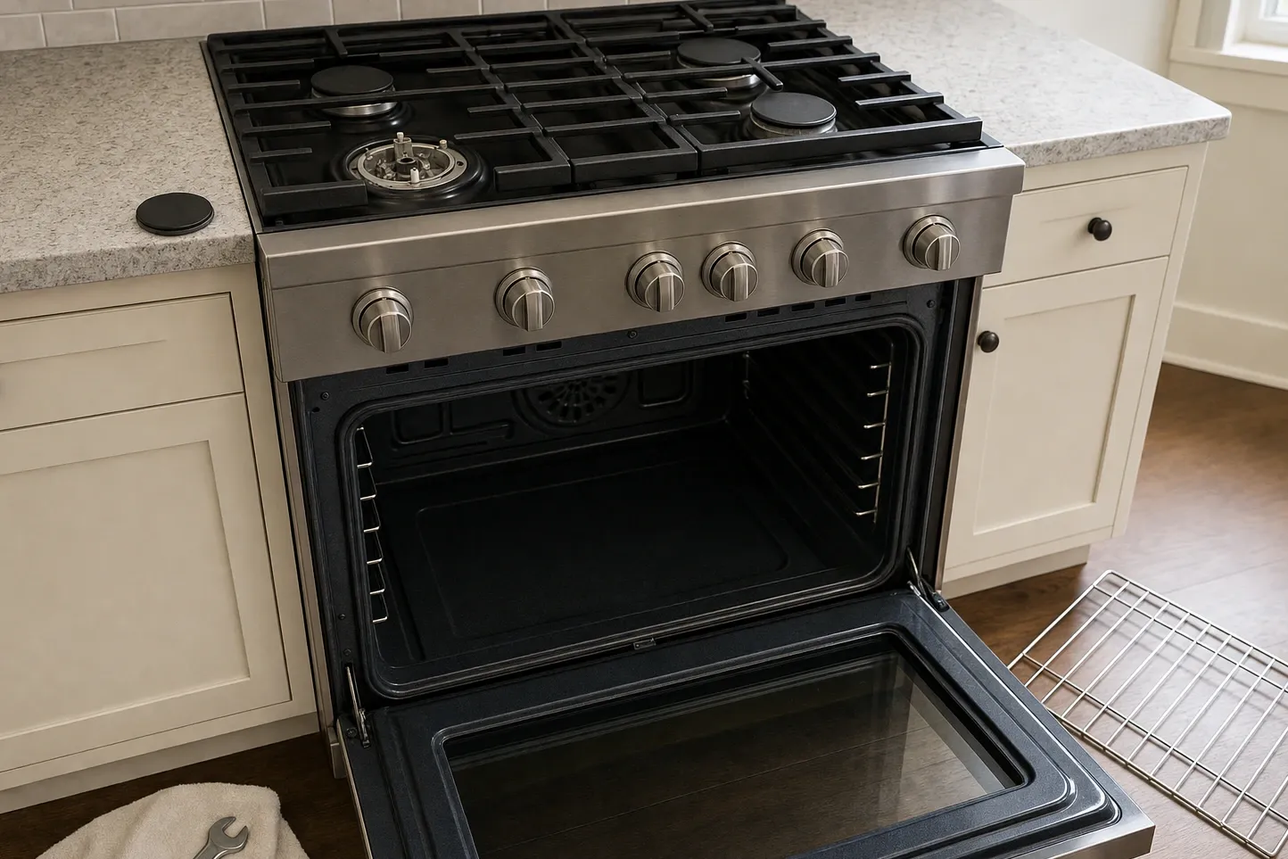 Stainless range with a black cooktop in a pale kitchen, oven door open and one burner head exposed beside its removed cap